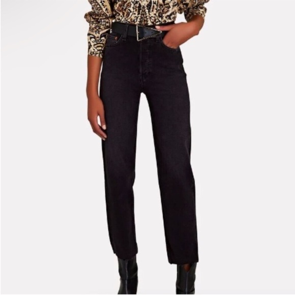 Re/Done Black Washed Noir Straight Leg Button Fly Raw Hem Jeans Size 26 - Picture 1 of 14